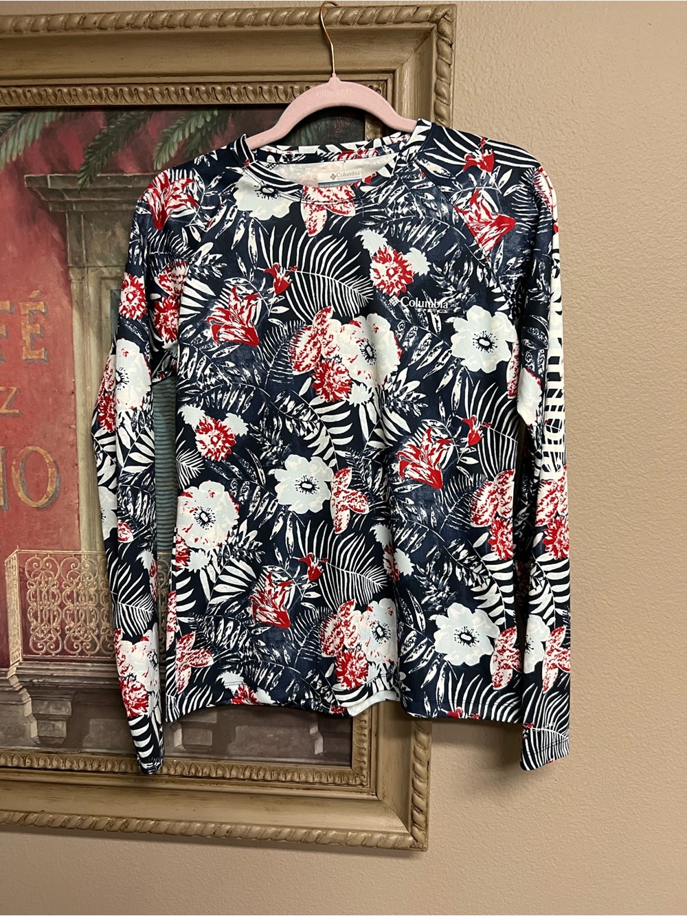 Columbia Navy Floral-Print Long Sleeve Performance Fishing Gear Tee